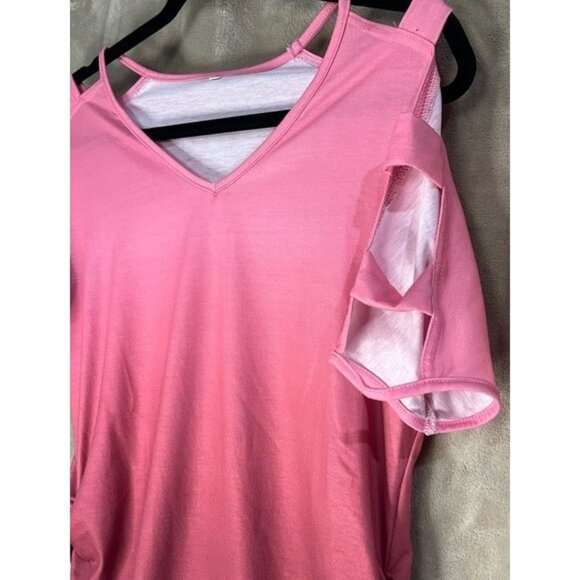 Womens V Neck Short Sleeve Cold Shoulder Cutouts Shirt Light Rose Burgundy, Wine - Picture 11 of 16